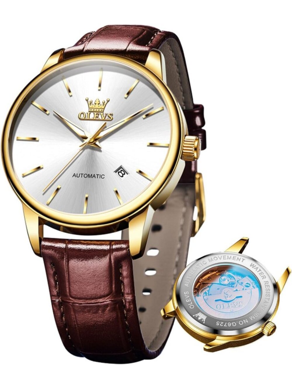 Stylish Men's Automatic Watch with Leather Band, Waterproof, Date Feature